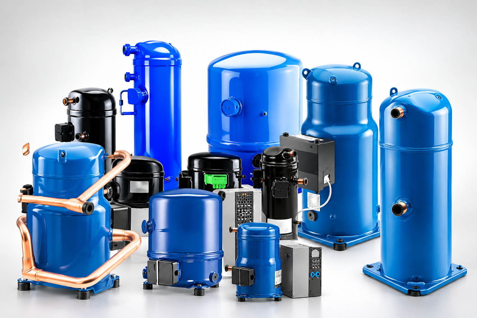 Compressores de refrigeração em diferentes formatos e tamanhos